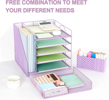 Desk Organizer with Drawer and Pen Holder, 5-Tier Paper Letter Tray Organizer with File Holder, Suitable for Workspace Organizer Office Supplies Storage (Black)