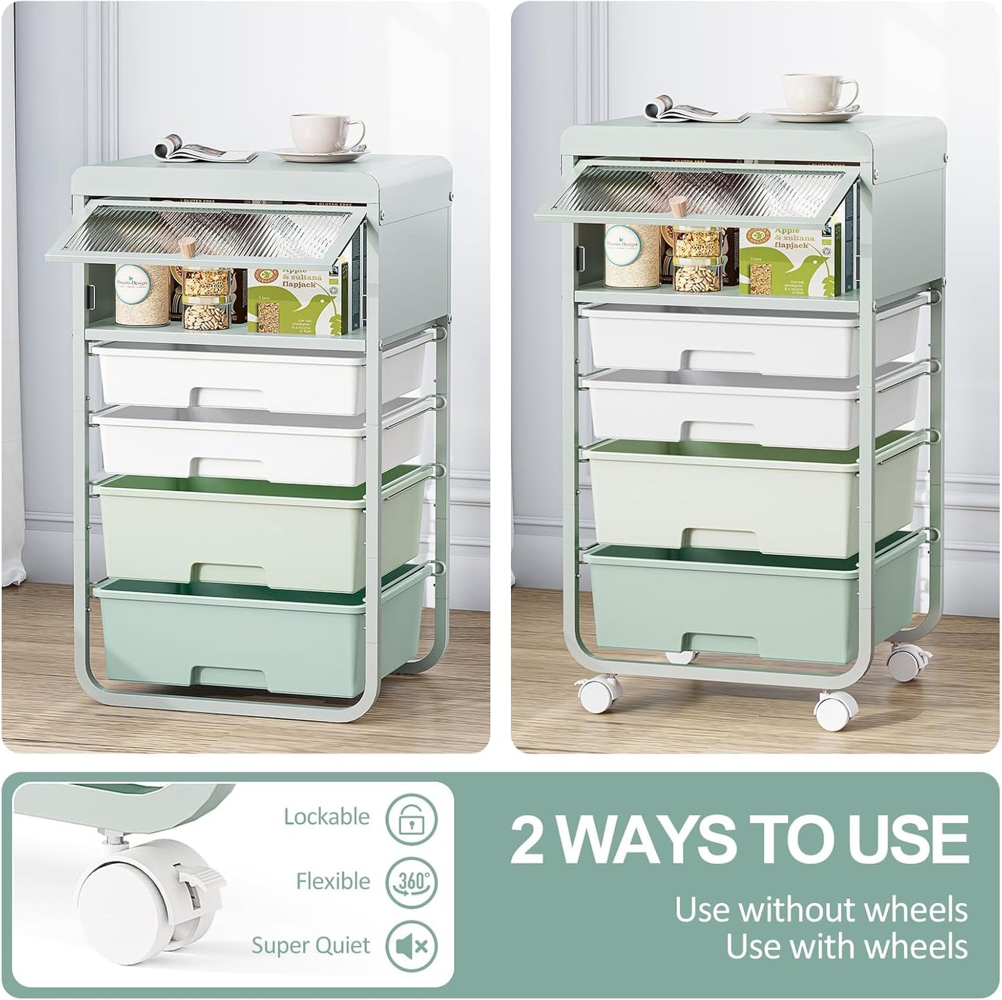 SYKIARIOL Utility-Rolling-Storage-Drawer-Craft-Cart-Organizers with 4 Drawers & Dust-proof Door for Kid Craft Art Room,Bedroom,Home Office, 4 Tiers Drawer cart, Green