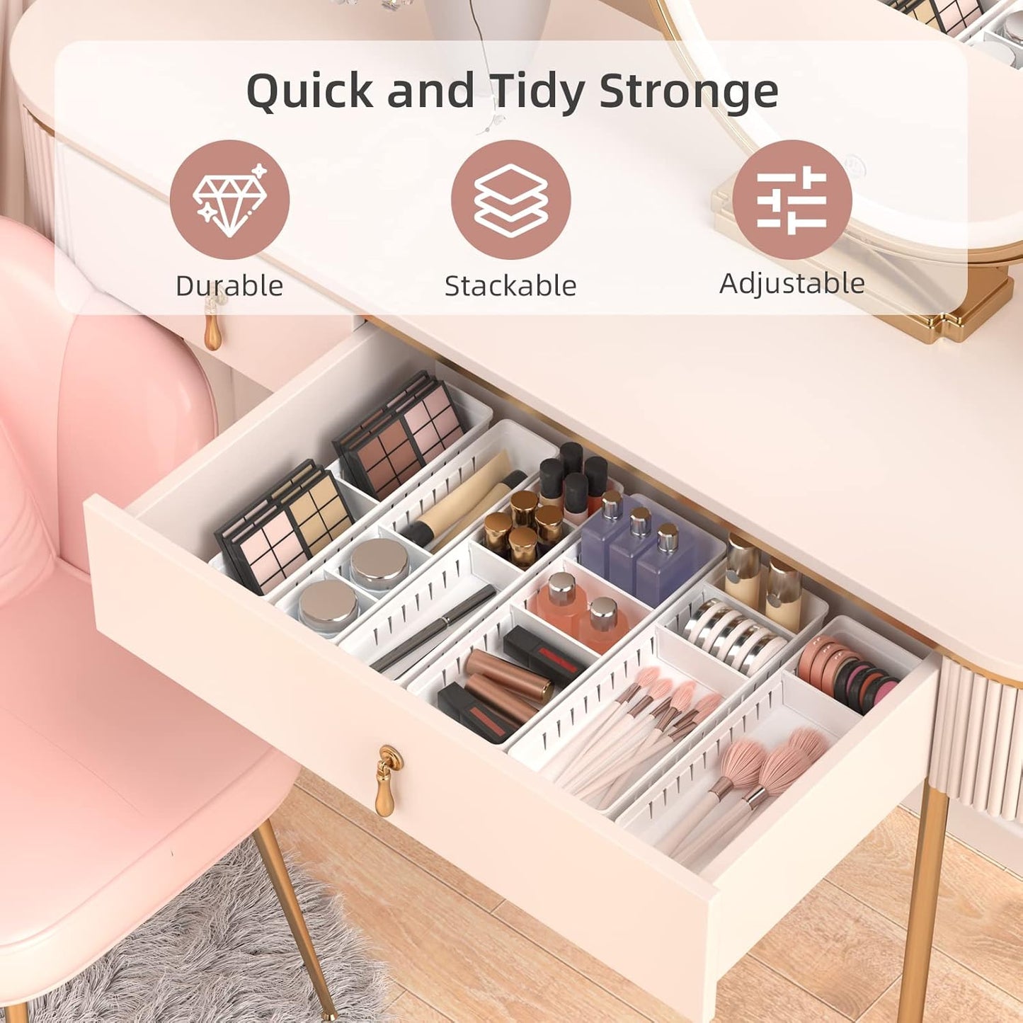 Desk Drawer Organizer Tray, 4 Pack Expandable Drawer Organizer with Dividers Adjustable, Bathroom Organizer Bins for Junk, Office, Makeup, Kitchen Utensil