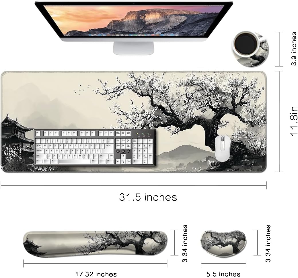 MIBITRI Keyboard Mouse Pad Set, Extended Gaming Mouse Pad+Ergonomics Keyboard Wrist Rest Support, Memory Foam, Easy Typing Pain Relief, 4Pcs XXL Ultra Thick Desk Mat, Enchanted Bookshelf