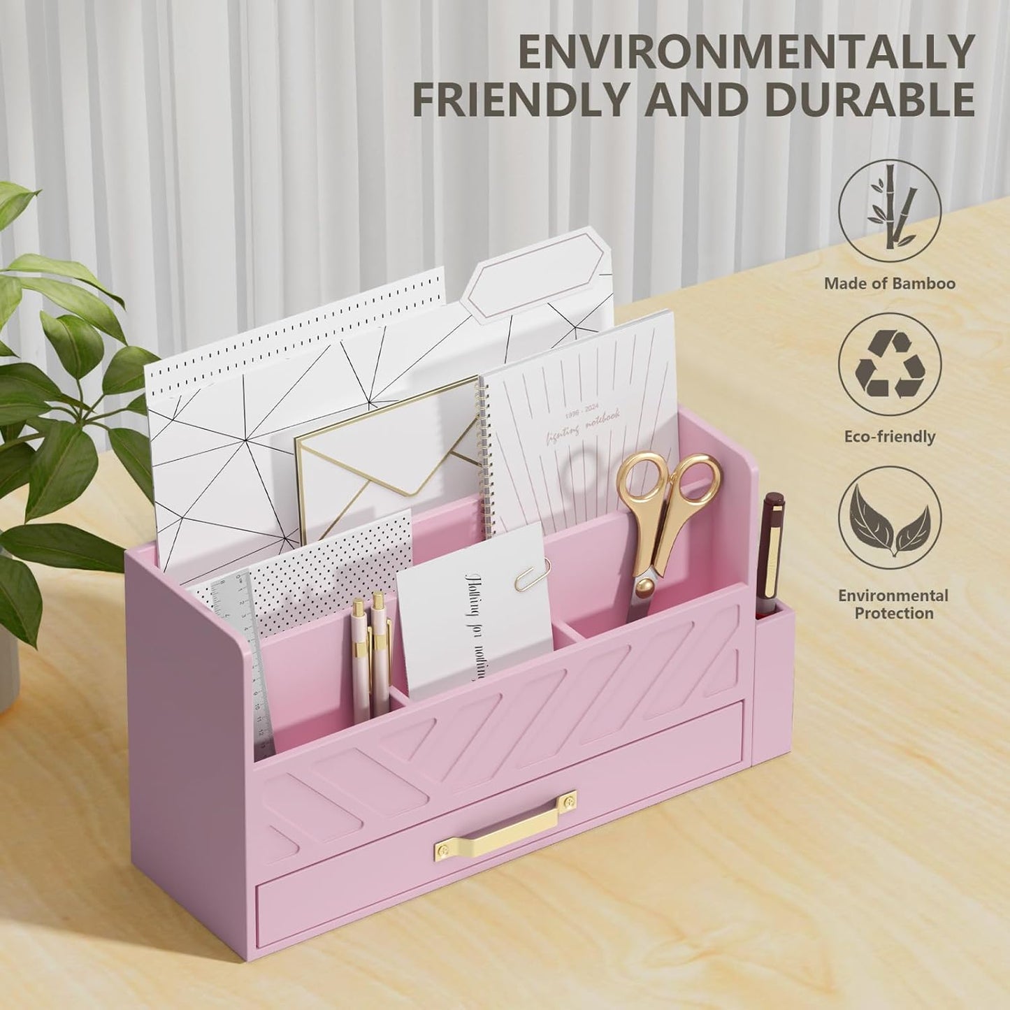 WISUCART Bamboo Desk Organizer Mail Holder Countertop Wood Desk Drawer Tabletop Storage Box Pen Holder Letter Sorter Makeup Organizer for School Home Office Supplies with Pen Holder White