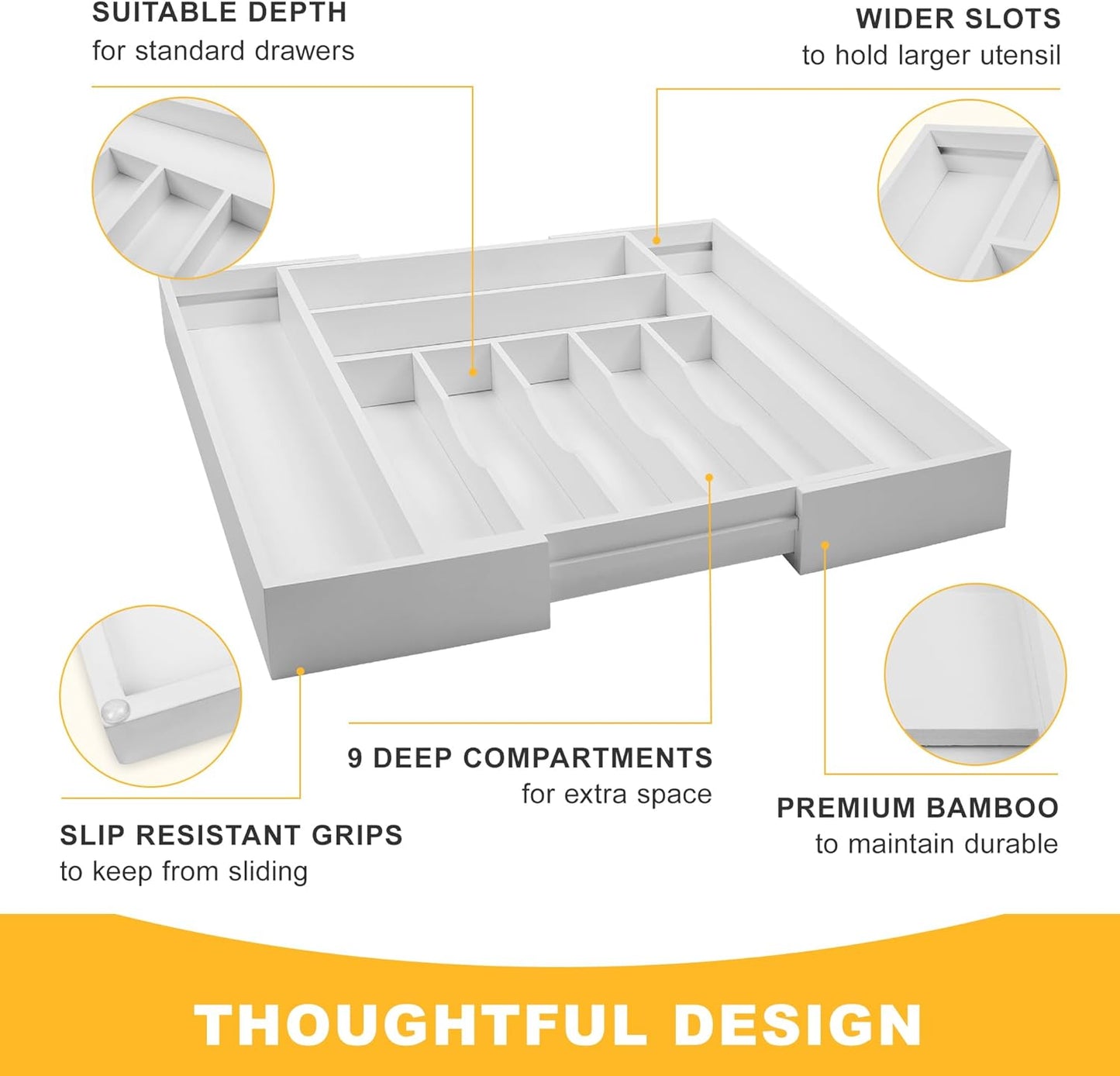 Expandable Bamboo Kitchen Drawer Organizer for Cutlery and Utensils, Adjustable Bamboo Wood Cutlery Tray in Drawer for Flatware and Silverware in Kitchen, (Natural)