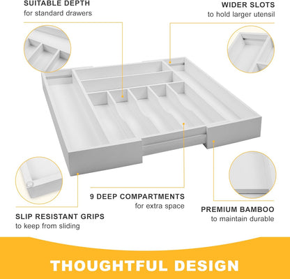 Expandable Bamboo Kitchen Drawer Organizer for Cutlery and Utensils, Adjustable Bamboo Wood Cutlery Tray in Drawer for Flatware and Silverware in Kitchen, (Natural)