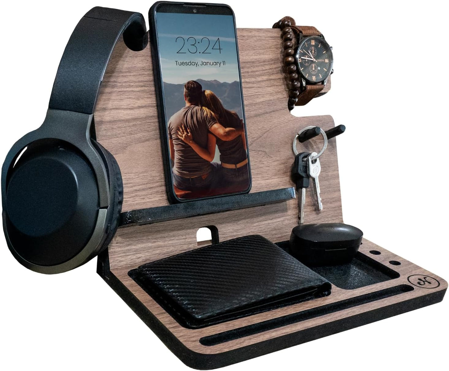 Namore Wood Phone Docking Station for Men – Nightstand & Desk Organizer with Valet Tray for Wallet, Watch & Keys – Bedside Organizer Gift for Husband or Dad