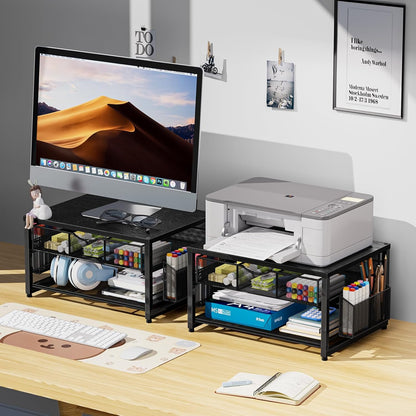 Marbrasse Metal Printer Stand for Desk with Storage Drawer and 2 Pen Holders, 2-Tier Desktop Organizer Printer Table for Home Office, Multi-Purpose Desk Organizer for Fax Machine Scanner Files(Black)
