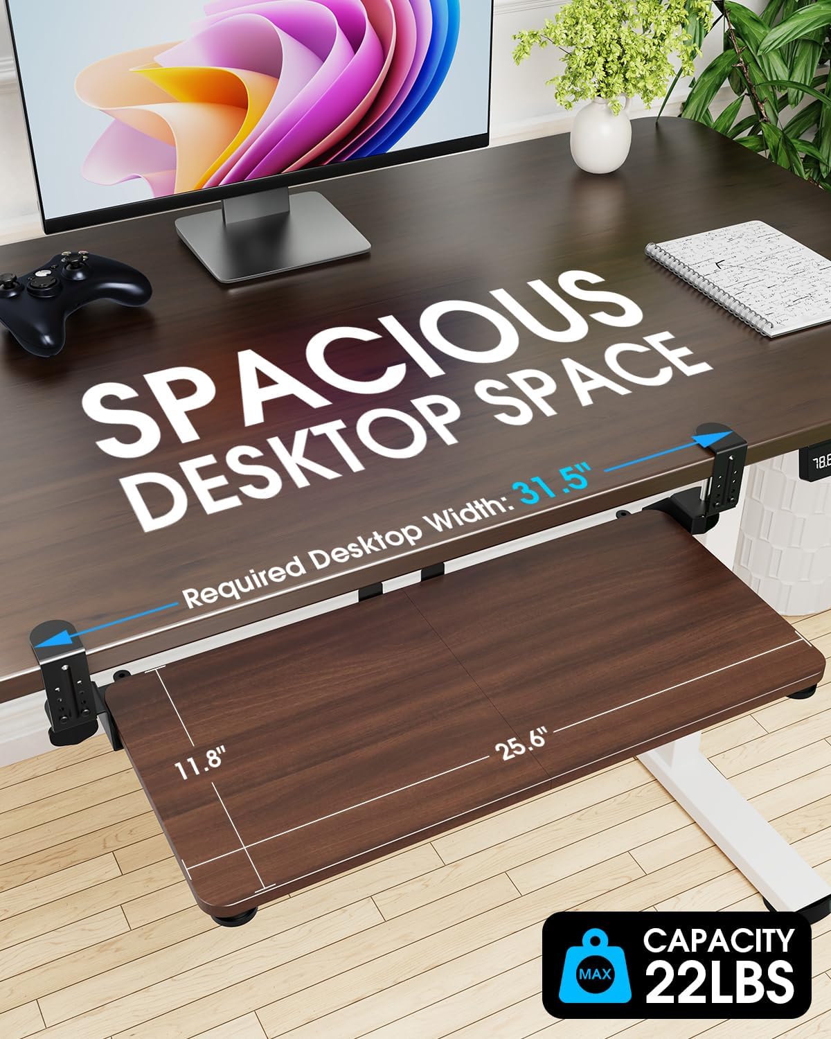 Large Keyboard Tray Under Desk, Pull Out Keyboard & Mouse Tray with Adjustable C-clamp, 25.6(31.5 Including Clamps) x 11.8 Inch Slide Out Computer Keyboard Drawer Mouse Tray for Typing, Brown