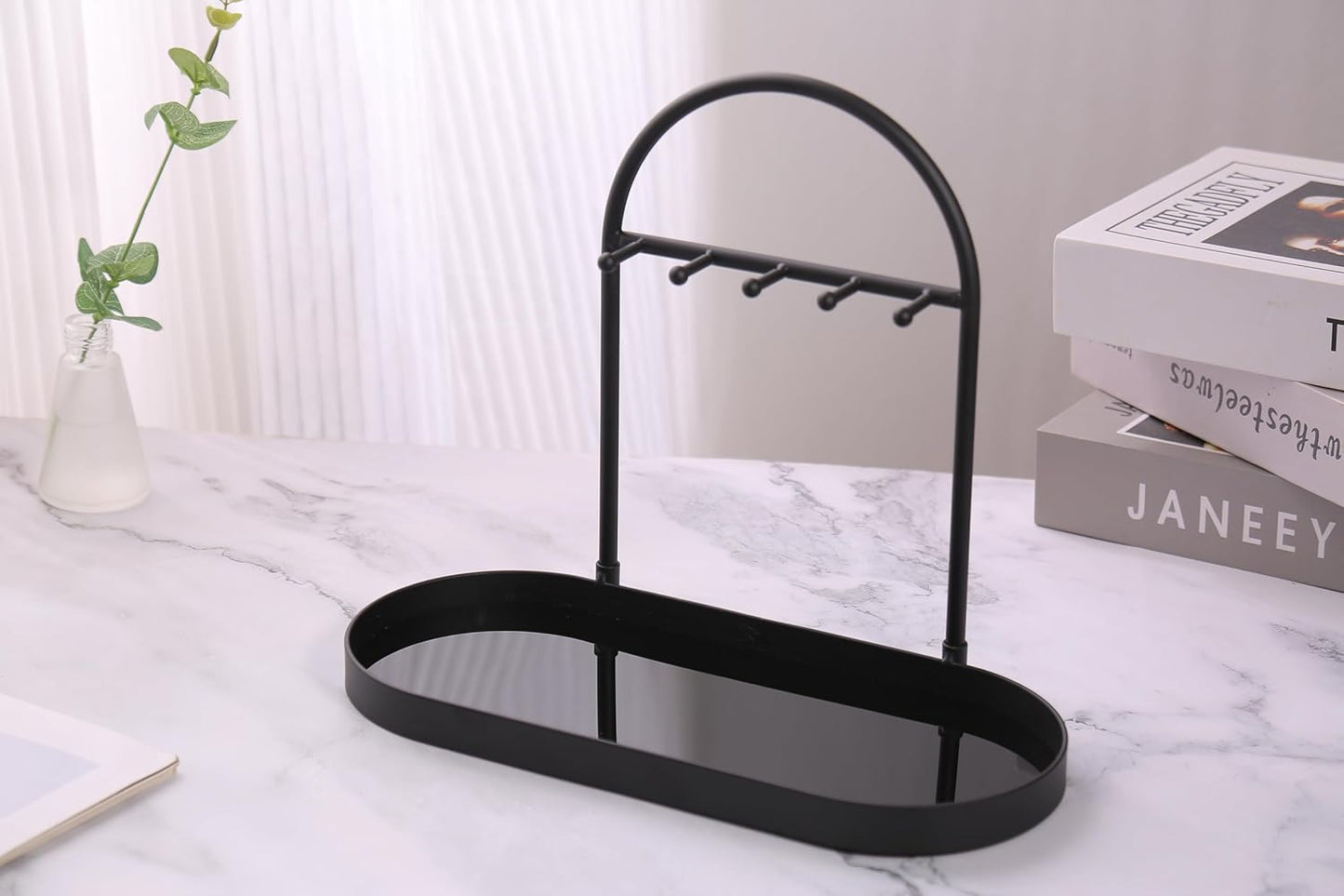 Shinpuru Metal Jewelry Organizer Stand & Key Holder Tray with Acrylic Base, Key Stand and Jewelry Tray with 5 Hooks, Perfect Key Bowl, Valet Key Tray, Ring Holder, Jewelry Dish (Silver Black)