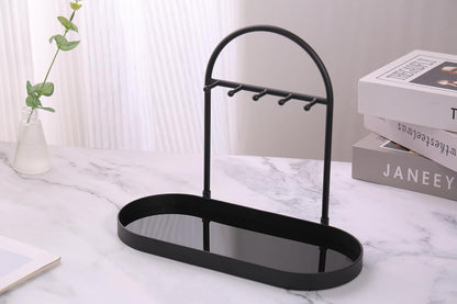 Shinpuru Metal Jewelry Organizer Stand & Key Holder Tray with Acrylic Base, Key Stand and Jewelry Tray with 5 Hooks, Perfect Key Bowl, Valet Key Tray, Ring Holder, Jewelry Dish (Silver Black)
