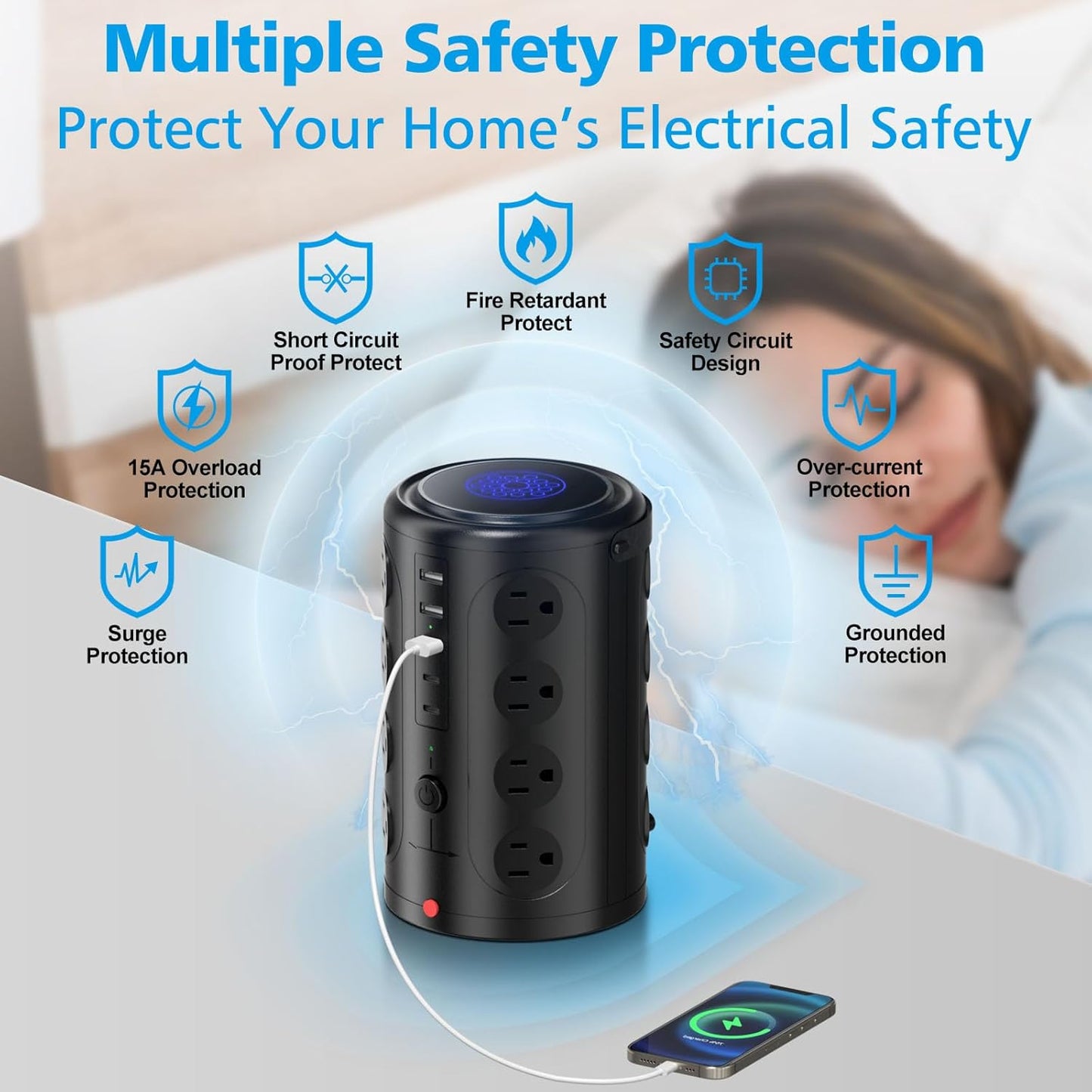 Surge Protector Power Strip - Desk Charging Station with 15W Wireless Charger, Multiple Outlets Charging Station with 16 2300J AC Outlets & 5 USB (2 USB C) Port, for Home, Office, Dorm Room