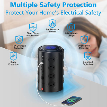 Surge Protector Power Strip - Desk Charging Station with 15W Wireless Charger, Multiple Outlets Charging Station with 16 2300J AC Outlets & 5 USB (2 USB C) Port, for Home, Office, Dorm Room