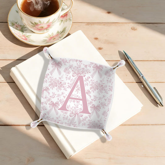 Gifts for Mom Initial Valet Tray,Pink Personalized Gifts for Women Mom Grandma Girlfriend,Nightstand Desk Accessories PU Leather Tray Organizer for Birthday Christmas Gift Ideas (B)