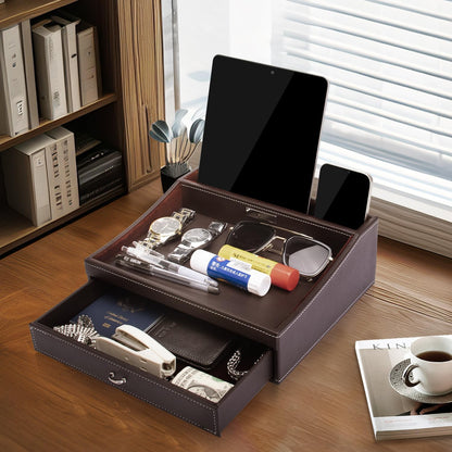 Baoyun Gifts for Dad Mens Nightstand Organizer, Jewelry Box for Men, Mens Dresser Organizer Countertop, Large Capacity Leather Valet Tray for Phones Pad Wallet Key Christmas Gifts for Men