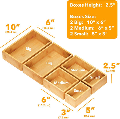 SpaceAid 6 Pcs Bamboo Drawer Organizer Storage Box Set, Multi-Use Drawer Organizer Bin for Kitchen, Bathroom, Office Desk and Makeup (6 Boxes)