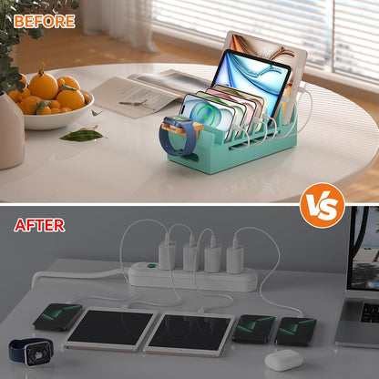 Pezin & Hulin Bamboo Charging Station with Watch Stand, Docking Holder for Multi Device with 5 Port USB Charger HUB, 5 Charge Cables, Desktop Electronic Organizer for Cellphone, Tablet, Watch
