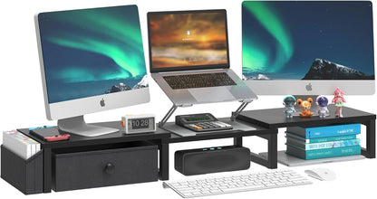 LAND·VOI Heavy Duty Dual Monitor Stand, Holds 2 Screens Up to 27 Inches, Adjustable Length and Angle Monitor Riser, Desk Organizer with Side Pockets and Drawers, Home Office Desk Storage, Rustic Brown