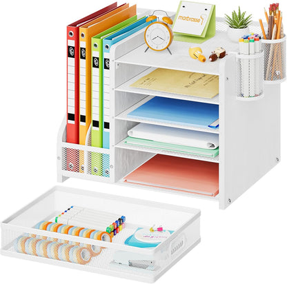Marbrasse Desk Organizer with File Holder, 5-Tier Paper Letter Tray Organizer with Drawer and 2 Pen Holder, Mesh Desktop Organizer and Storage with Magazine Holder for Office Supplies(Black)