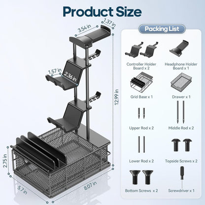 KDD Headphone Stand with Drawer - Headset & Controller Holder for Desk - Aluminum Supporting Bar Earphone Stand with Cable Organizer - Universal Gaming PC Accessories Storage