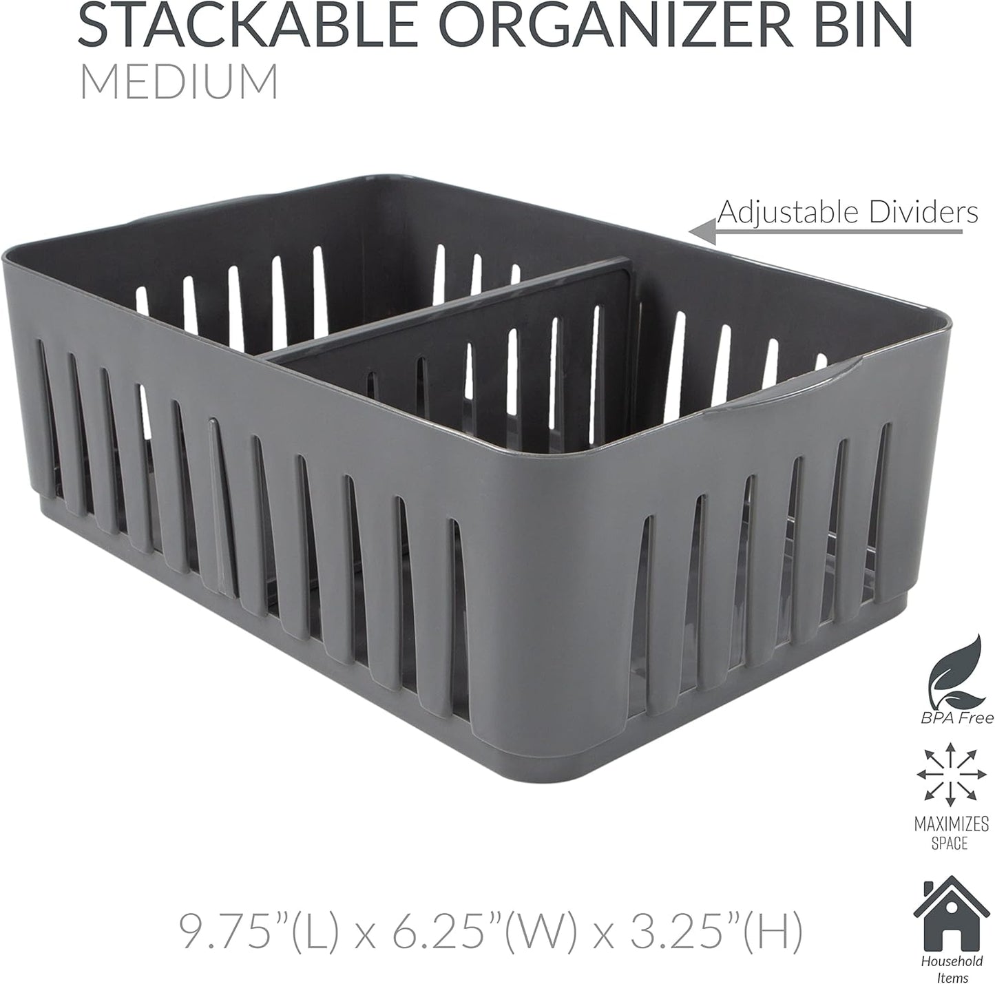 Simplify 4 Compartment Stackable Bin with Adjustable Dividers | Drawer Organizer | Storage Basket | Good for Office | Desk Supplies | Dorm |Bathroom | Accessories | Make Up | Grey