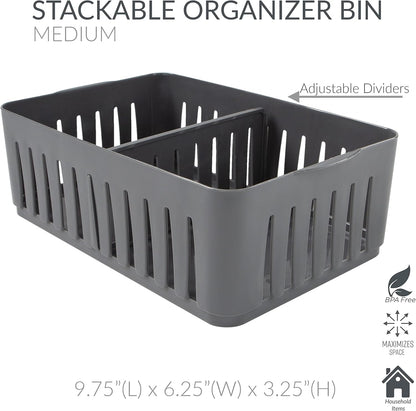 Simplify 4 Compartment Stackable Bin with Adjustable Dividers | Drawer Organizer | Storage Basket | Good for Office | Desk Supplies | Dorm |Bathroom | Accessories | Make Up | Grey