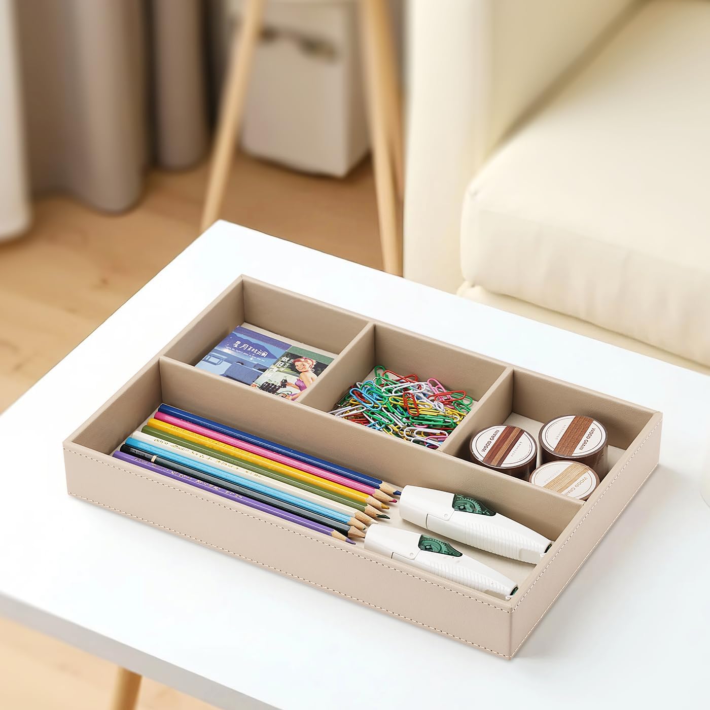 KINGFOM Pu Leather Desk Organizer Tray, 4 Compartment Office Storage Supplies Stationery Drawer Tray, Nightstand Bedside Tray for Key, Wallet, Watch, Coin, Phone Valet Tray Stackable