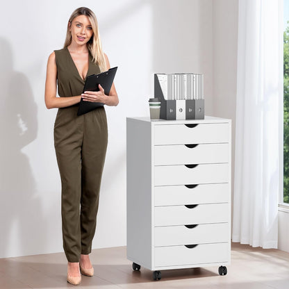 5 Drawer Mobile File Cabinet Under Desk Storage Organization with Wheels Vertical Filing Chest Rolling Wood Small Desk Printer Stand for Home Office, White