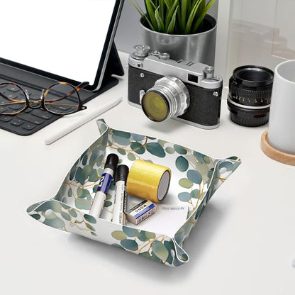 Valet Tray Catchall Trays Green Leaves Key Organizer Leather Tray Night Stand Organizer Bedside Vanity Trays Decor for Entryway Table
