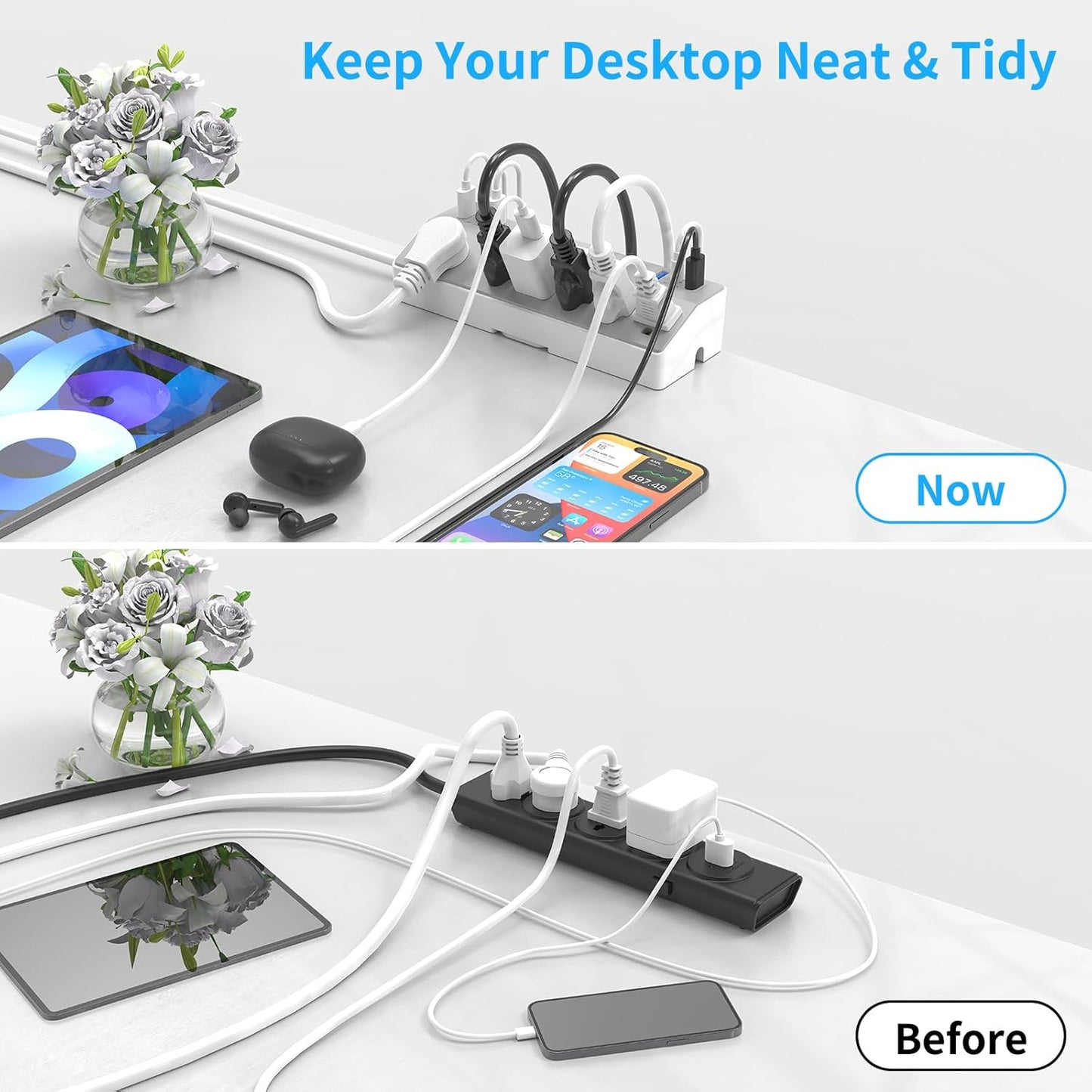 Desk Clamp Power Strip with 40W Fast Charging Station, JXGUCAT 10FT Flat Plug Desk Mount Power Strip Surge Protector, Removable Extension Cord with 2 USB-C Ports 6 Outlets, Fits 1.8" Tabletop Edge