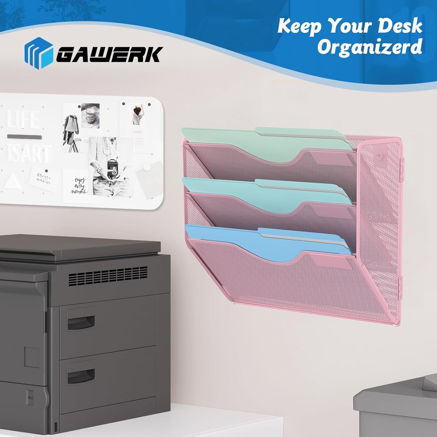 Gawerk 5 Tier Hanging Wall File Organizer, Mesh Mail Paper Orgnization Hanging File Folder Holder for Home Office, Black