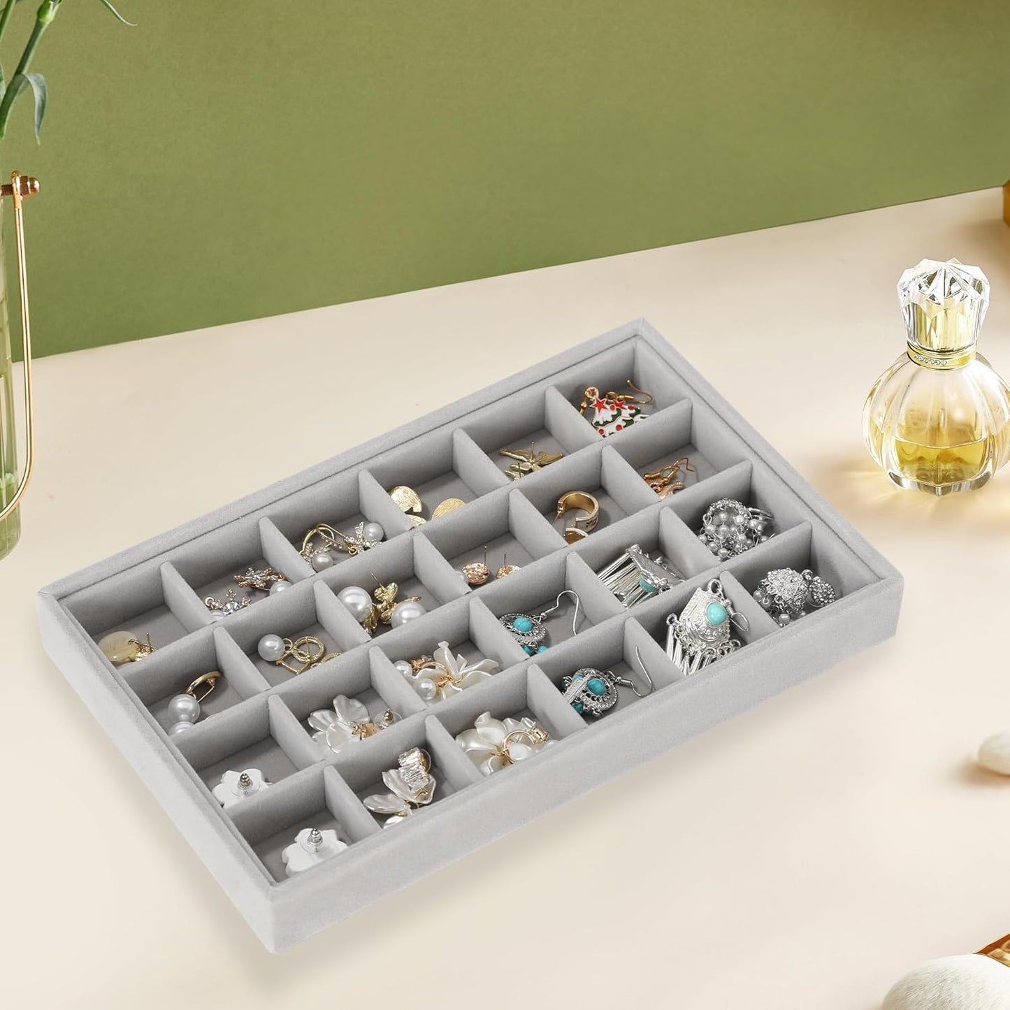 Frebeauty Stackable Jewelry Trays, Velvet Drawer Jewelry Organizer with Glass Lid,5 in 1 Multi-Functional Jewelry Storage for Earrings Necklaces Rings, 10.5 x 6.5 x 5.55 Inches Gift for Women(Beige)