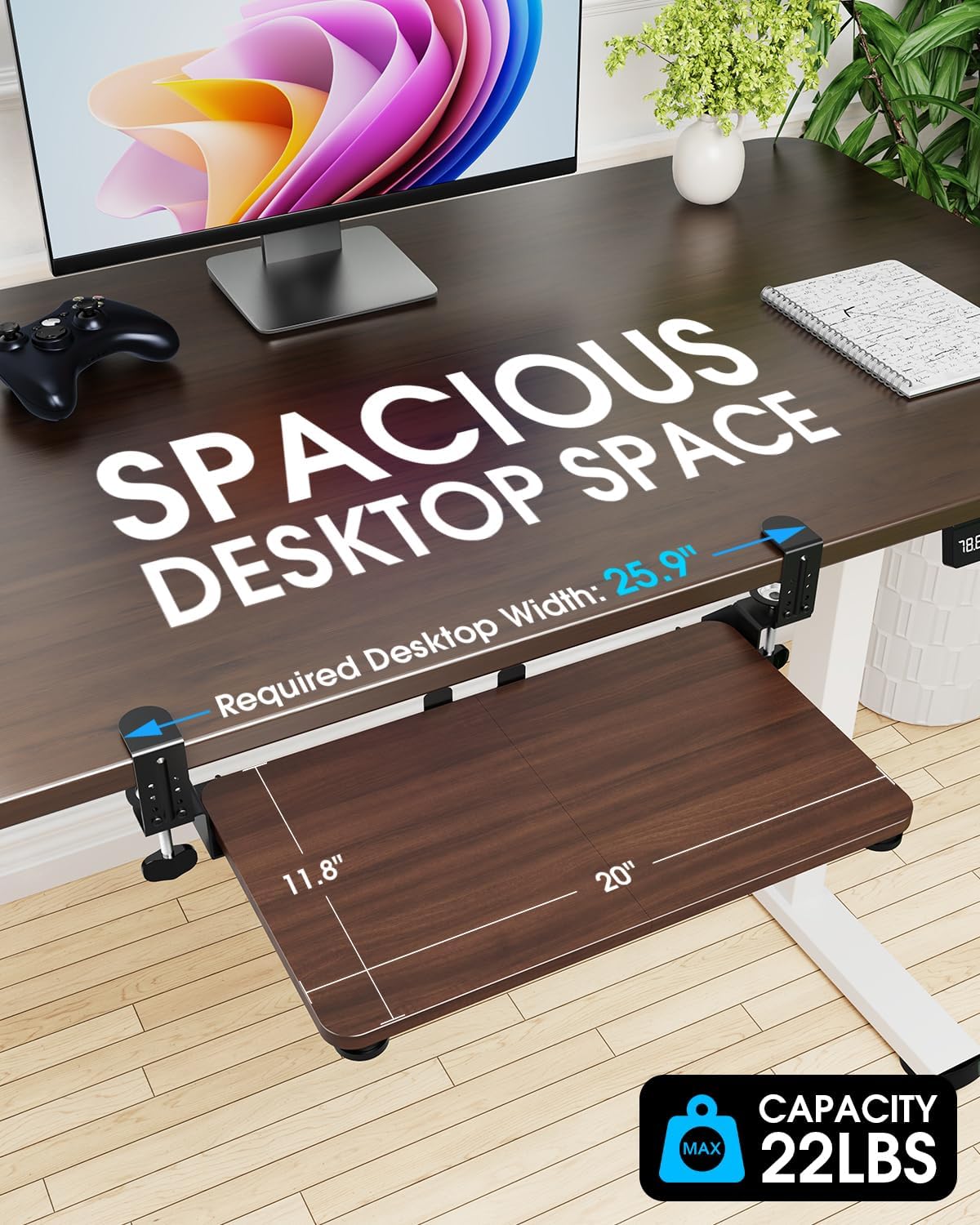 Large Keyboard Tray Under Desk, Pull Out Keyboard & Mouse Tray with Adjustable C-clamp, 25.6(31.5 Including Clamps) x 11.8 Inch Slide Out Computer Keyboard Drawer Mouse Tray for Typing, Brown
