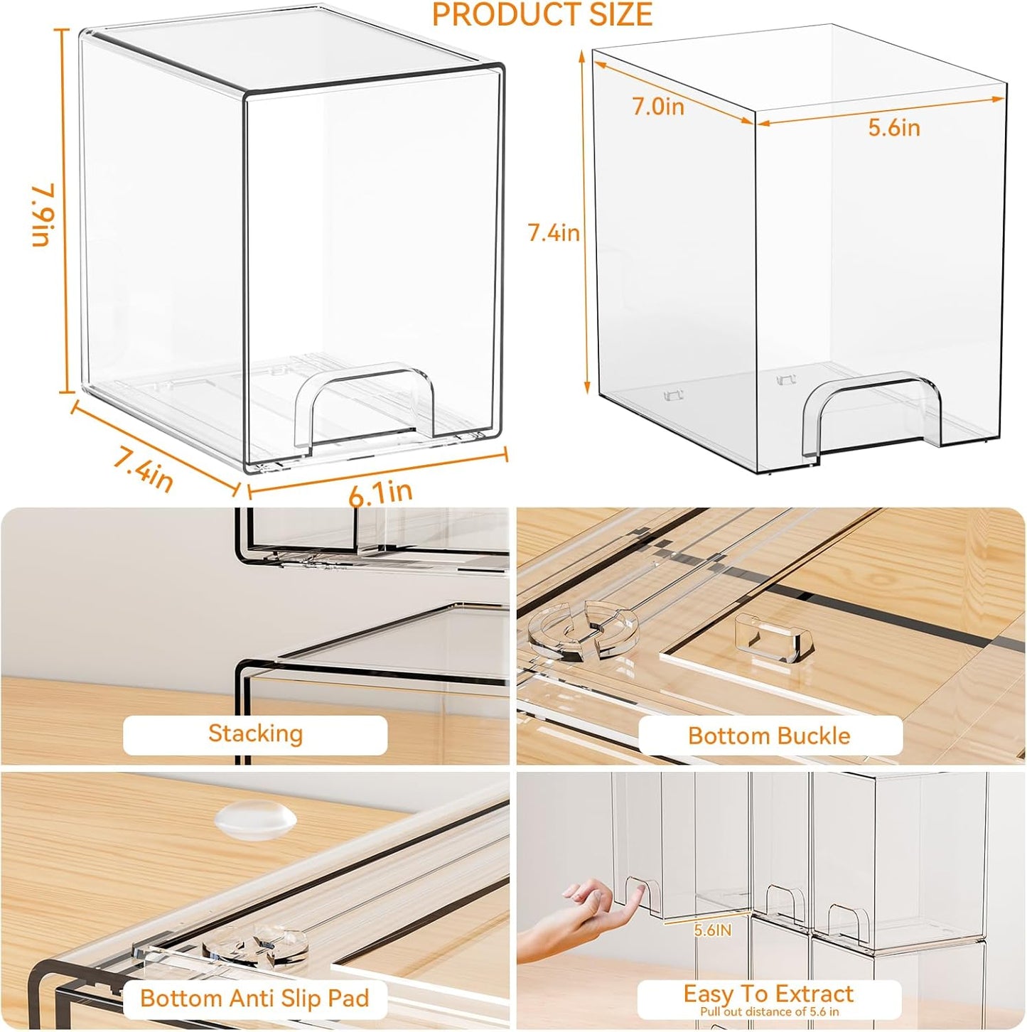 Yieach 4 Pack Clear Stackable Storage Drawers,4.4'' Tall Acrylic Drawer Containers for Organizing,Bathroom Organizers and Storage Bin Box,Plastic Makeup,Medicine Organizer Bins for Cabinet,Undersink