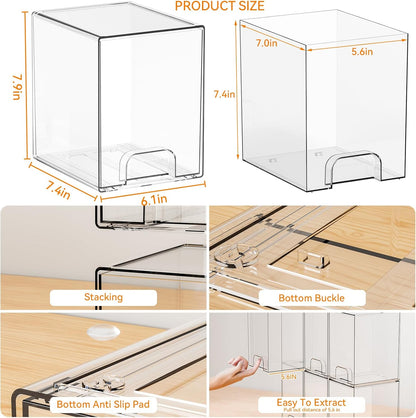 Yieach 4 Pack Clear Stackable Storage Drawers,4.4'' Tall Acrylic Drawer Containers for Organizing,Bathroom Organizers and Storage Bin Box,Plastic Makeup,Medicine Organizer Bins for Cabinet,Undersink
