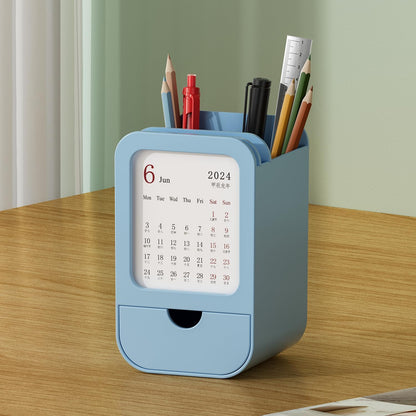 Upgraded Pen Holder with Built-in Calendar - Modern Desk Organizer for Office, School, Home, Premium Silicone Design with Chic Aesthetic, Multi-Functional Stationery & Makeup Storage - Blue