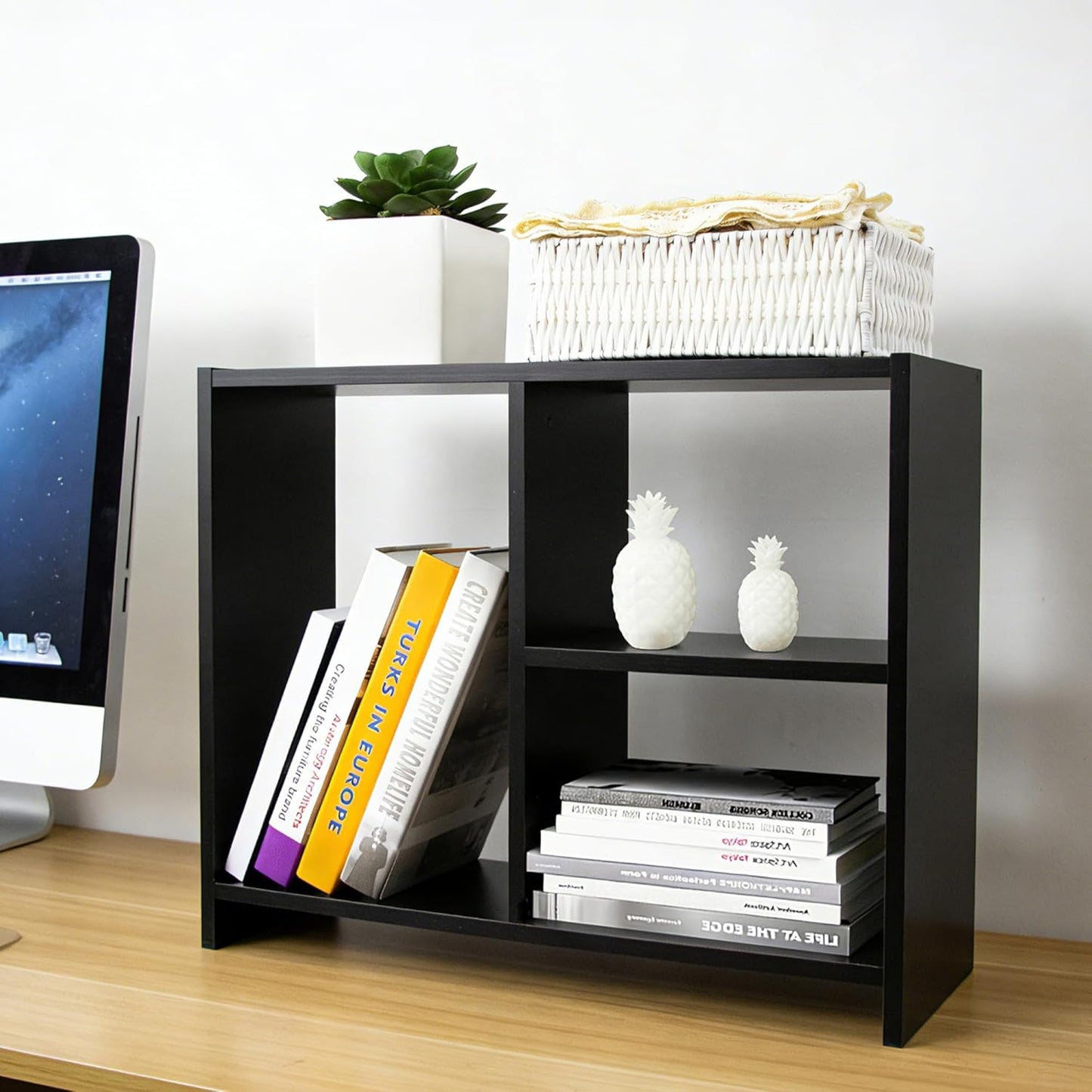 Jerry & Maggie Desktop Organizer Office Storage Rack Adjustable Wood Display Shelf Free Style Double H, Multi-Functional Mini Bookshelf for Desk Natural Stand (Natural Wood Tone)