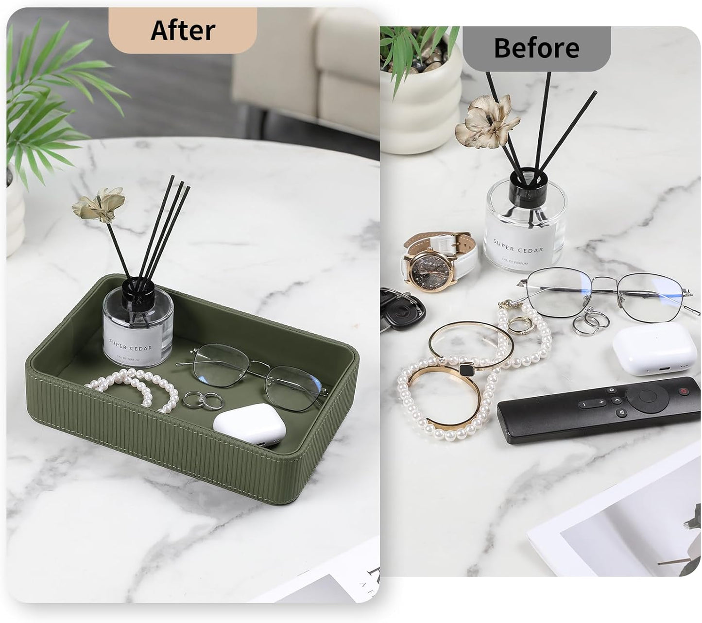 PU Leather Valet Tray Organizer, Modern Nightstand Organizer Bedside Desktop Storage for Womens and Men, Decorative Perfume Trinket Catchall Vanity Tray for Key Watch Wallet (Black)