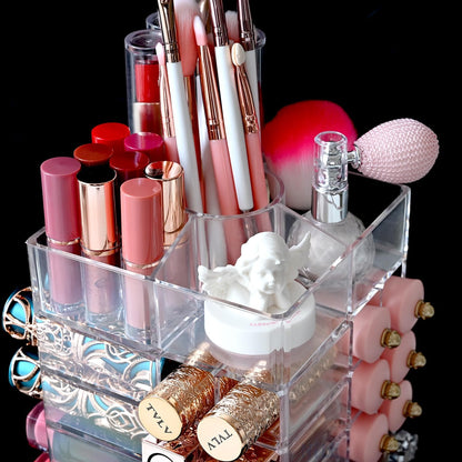 Ikee Design Acrylic Makeup Organizer with 4 Drawers and Removable Top Lipstick Holders, Ideal for Make-up or Accessories,Enhance Your Vanity or Bathroom with Clear Design for Quick Visibility