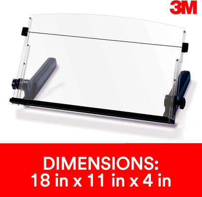 3M Adjustable Document Copy Holder, In-line with Monitor Minimizing Head and Neck Movement, 300 Sheet Capacity Holds Sheets to Books, Elastic Line Guide Keeps Pages Open, 18" Wide, Black (DH640)