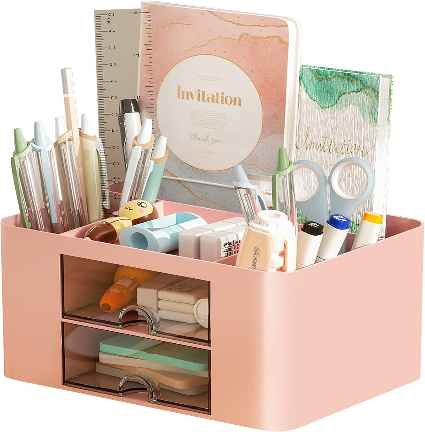 Marbrasse Pen Organizer with 2 Drawer, Multi-Functional Pencil Holder for Desk, Desk Organizers and Accessories with 5 Compartments + Drawer for Office Art Supplies (White)