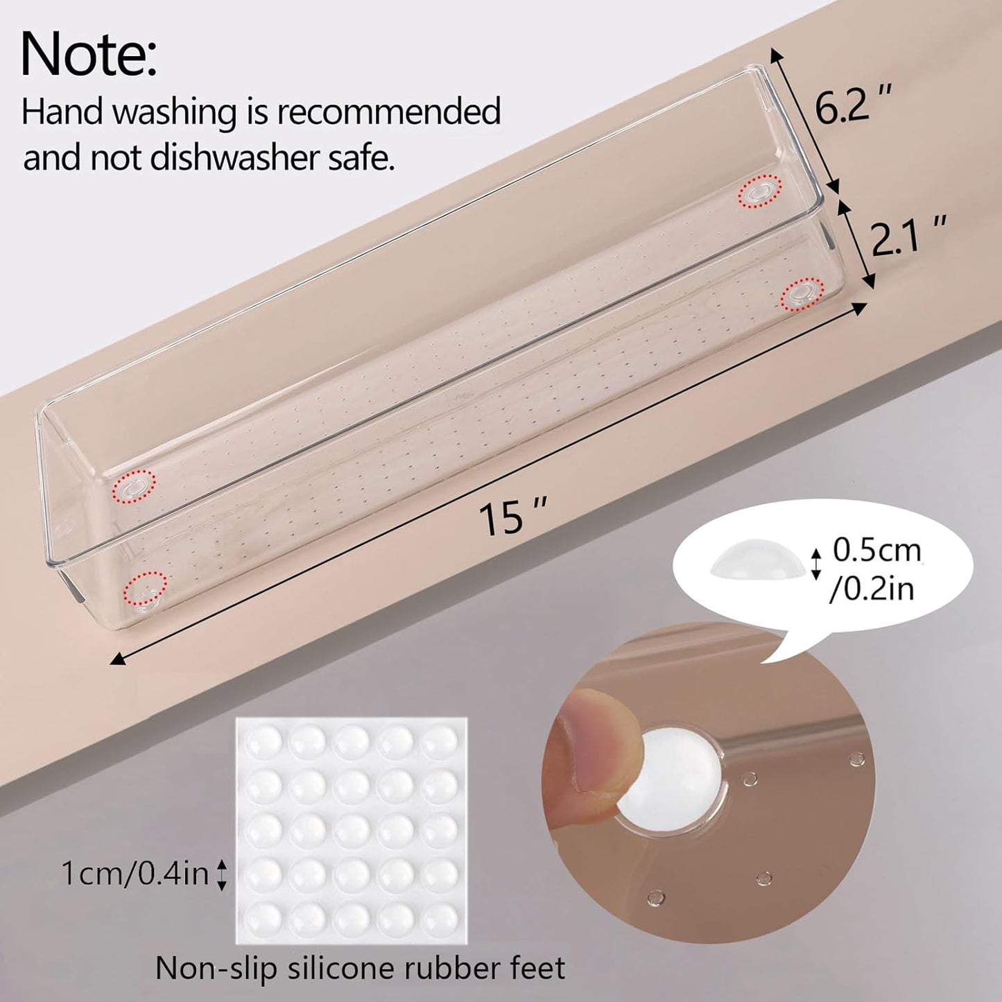 Ohlove 6 Pcs Large Clear Plastic Drawer Organizers Tray 15" x 6.3" Storage Bins with 25 Pcs Non-Slip Pads for Makeup, Jewelries, Kitchen Utensils, Bathroom and Office