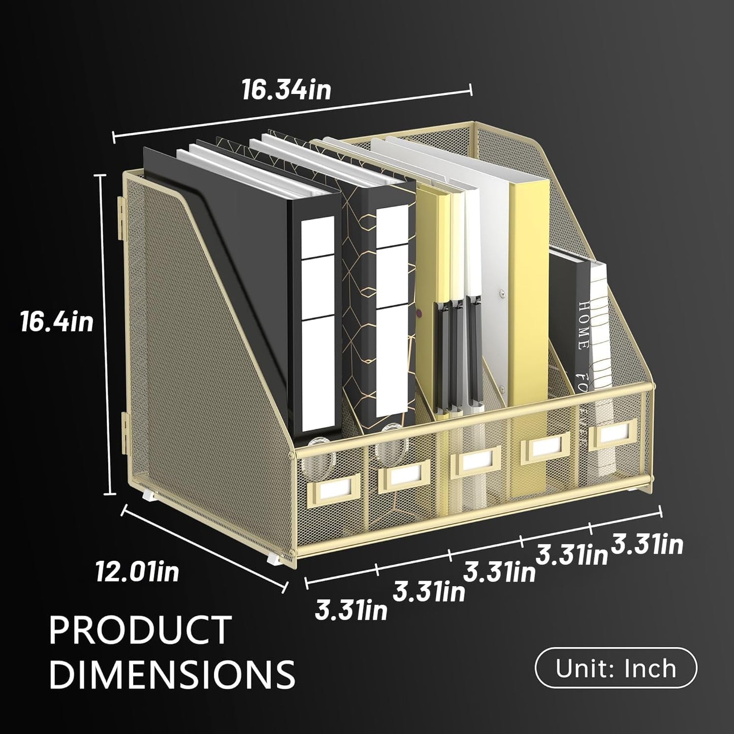 DALTACK 5 Vertical Compartments Magazine File Holder, Binder Organizer, Metal Desk Organizers for Office Home School Classroom Organization, Black