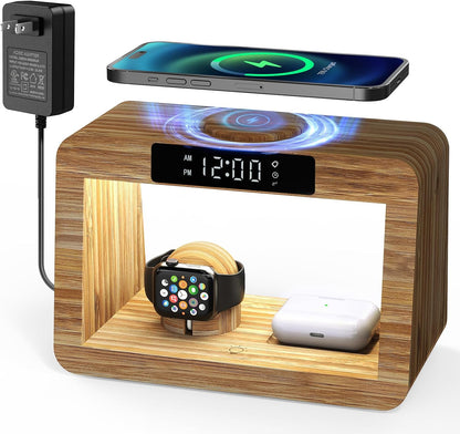 Bamboo Wireless Charging Station with Alarm Clock & Night Light, 3 in 1 Charging Station for iPhone 17/16/15/14/13/12/11 Pro Max/X/Xs, AirPods 4/3 & AirPods Pro 3/2/1/, Apple Watch Series