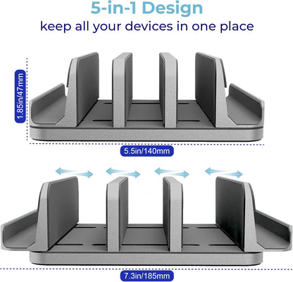 Adjustable Laptop Stand, 5 Slots, Aluminum Space-Saving, for Apple MacBook/Surface/Galaxy/Tablet/iPad/iPhone, Silver
