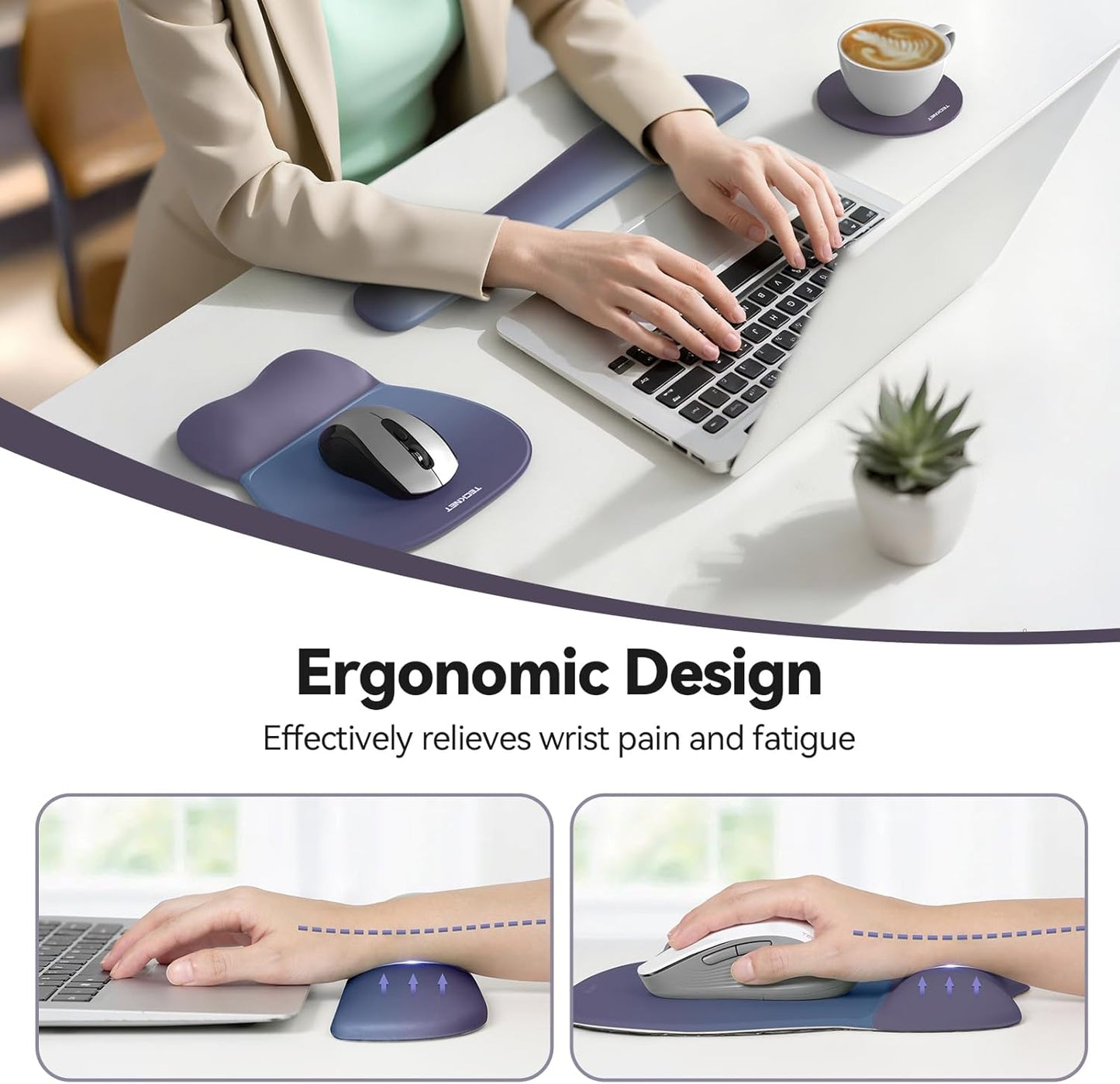 TECKNET Gel Mouse Pad with Wrist Rest, 3 in 1 Keyboard Wrist Rest for Pain Relief, Non-Slip PU Base & Easy Typing, Ergonomic Mousepad Set for Office & Home（Black）