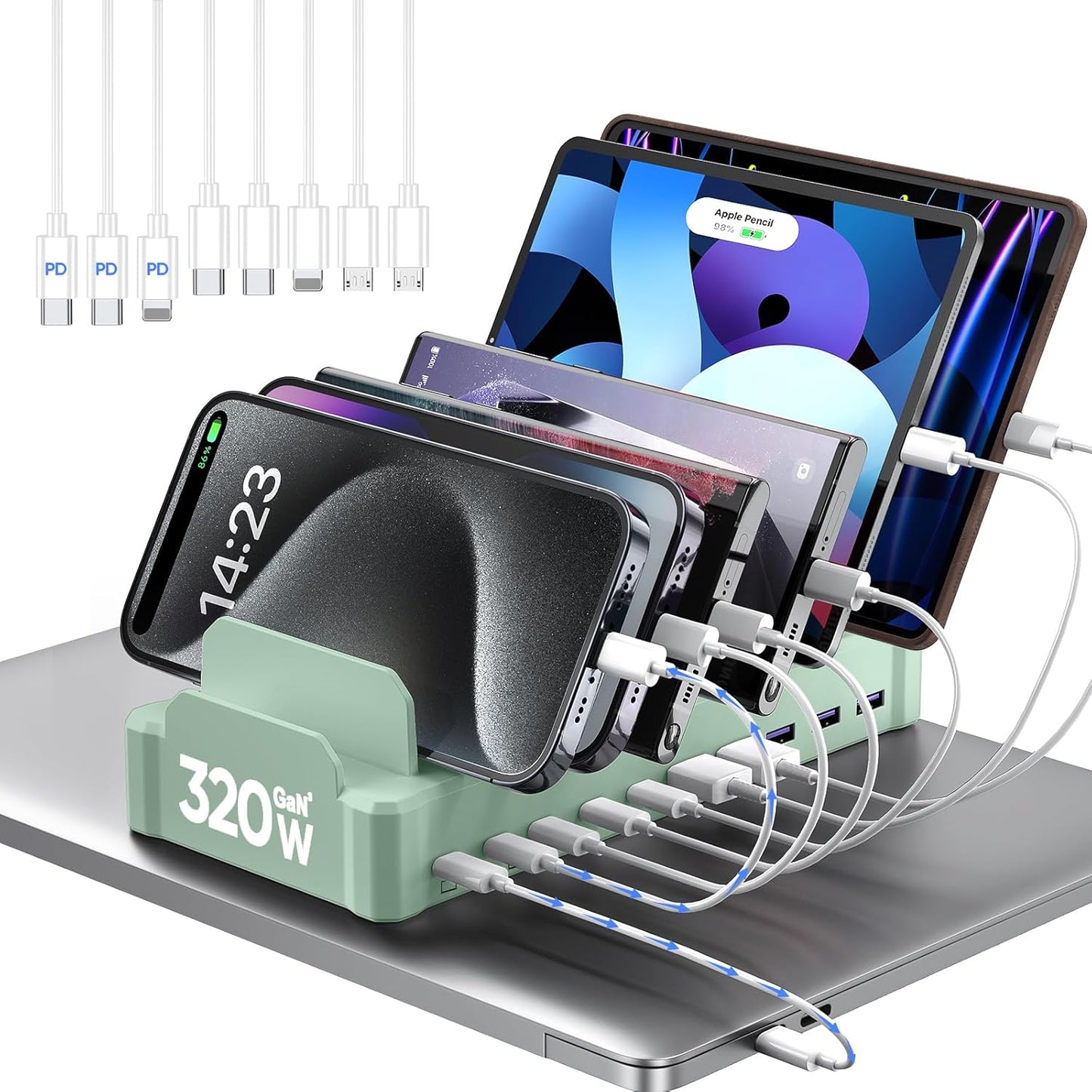 420W Charging Station for Multiple Devices, Zobirez 10-Port USB C Fast Charger Stations for MacBook, iPhone, Android Cell Phone, iPad, Tablet, Family Multi-Device Organizer Charging Dock, Black
