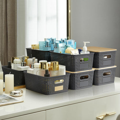 Bagnizer Small Plastic Storage Bins with Bamboo Lids 5.2qt Stackable Box Basket Pantry Decorative Containers Cute with Labels for Organizing Desktop Closet Office Cream White of 6 packs 10*7.2*4.1"