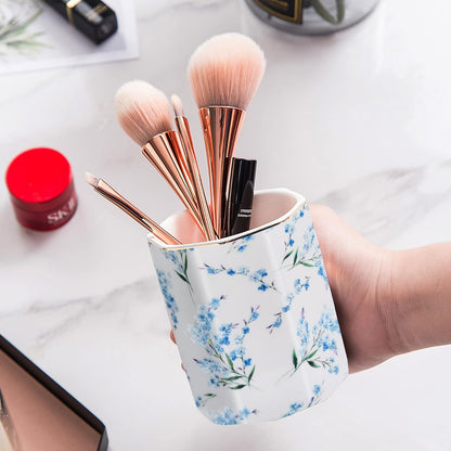 Pencil Holder for Desk Organizer,Ceramic Writing Utensil Storage Organizer Aesthetic Floral Pattern Pen Holder Pen Cup Makeup Brush Holder Creative Gift for Desktop Supplies,School Life Blue