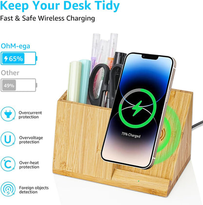 OhM-ega Bamboo Desk Organizer with Wireless Charing, Home Office Organizers for Desk, Wireless Charging Station with Pen Holder, 10W Fast Wireless Charging, Compatible with iPhone and Pixel