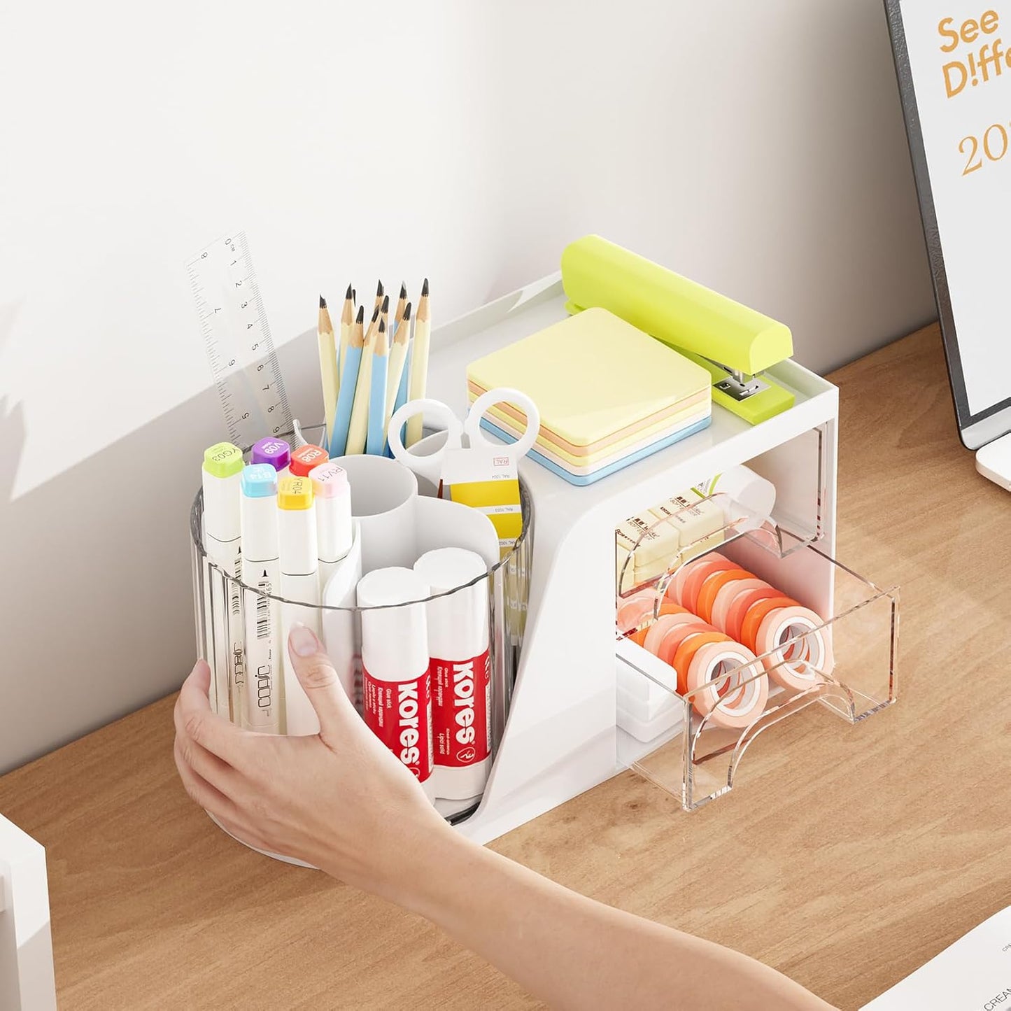 Marbrasse Desk Organizer with 2 Drawer, 360°Rotating Pen Holder, Desk Organizers and Accessories with 6 Slots Pencil Organizer + 2 Drawer, Art Supply Storage Box Caddy for Office (White)