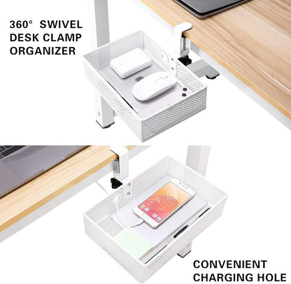 2-Tier Clamp-On Mesh Organizer, Under Desk Storage with Slide-Out Tray, No Drilling Tool-Free Installation, Durable Rust-Resistant Metal, Large-Capacity Organizer.
