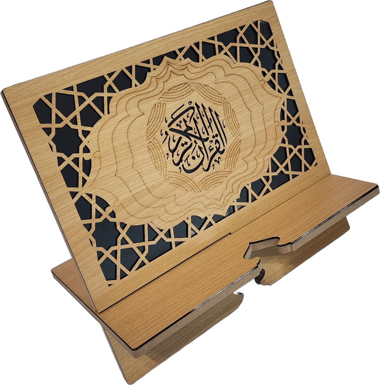Islam Al-Quran Book Stand AMN-460 Portable Reading Rest Holder Arabic Calligraphy Desk Bookrest Cookbook Tablet Document Muslim Eid Ramadan Gift (Brown_1, Small (9”x9.5”x0.5”))